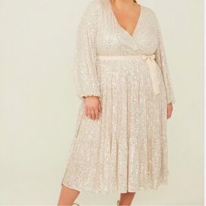 Arula Beige Reign Sequin Tiered Midi to Maxi Dress Size 3X NWT Party Wedding